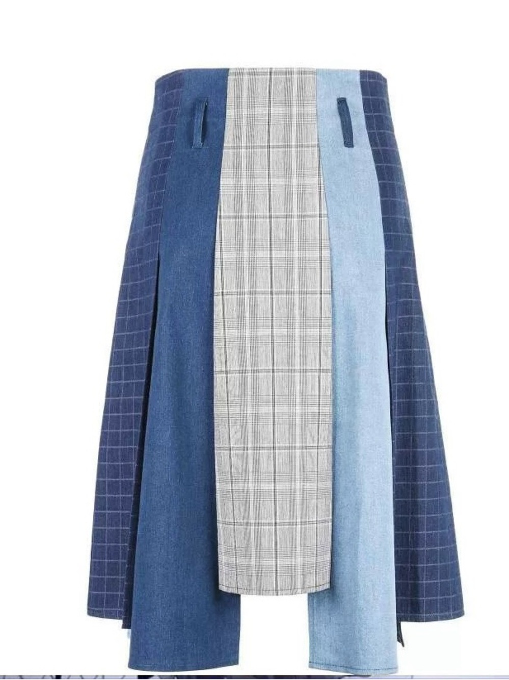 Patchwork Blue Midi Skirt - Women's Denim & Plaid Panel Skirt Size s/6